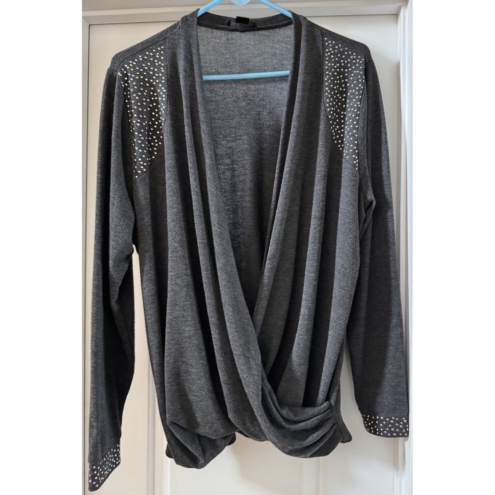 Belldini Charcoal Gray Surplice Wrap Top, Studded Shoulders, Cuffs Plus Size 1X